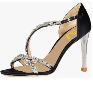 FSJ Black Rhinestones Open Toe High Clear Heel Cross Strap Buckle Sandals